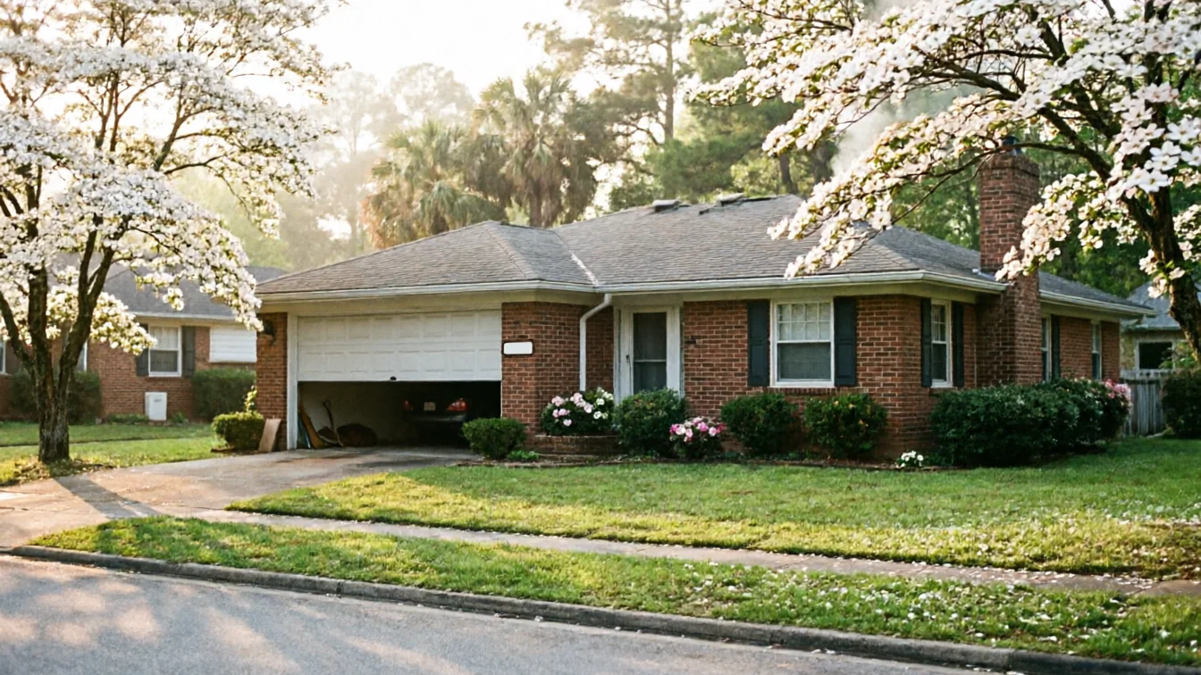 A brick house with a partially open white garage door and blooming trees.