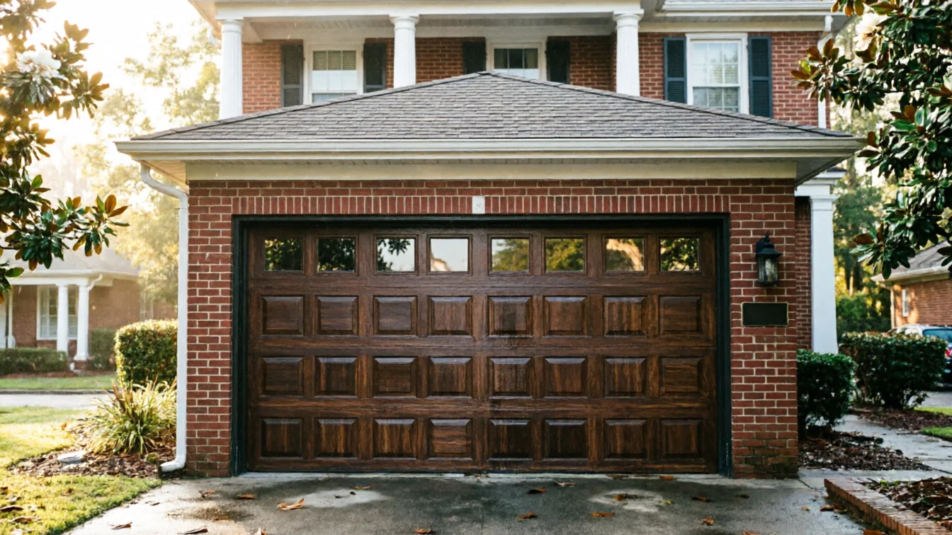 A brown wooden garage door with windows on a brick house.