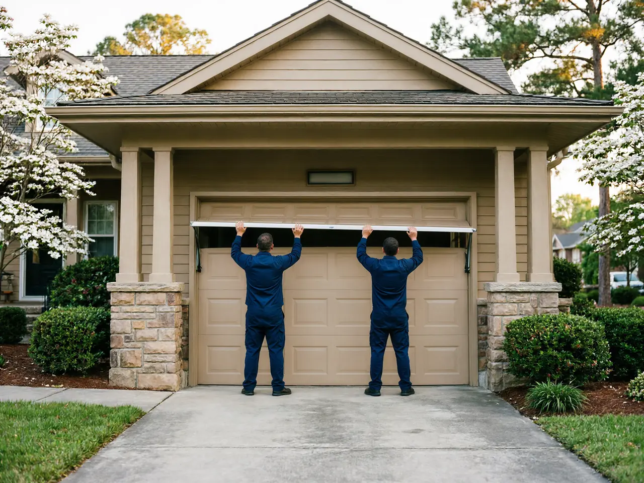 Two technicians in blue uniforms are installing a garage door.