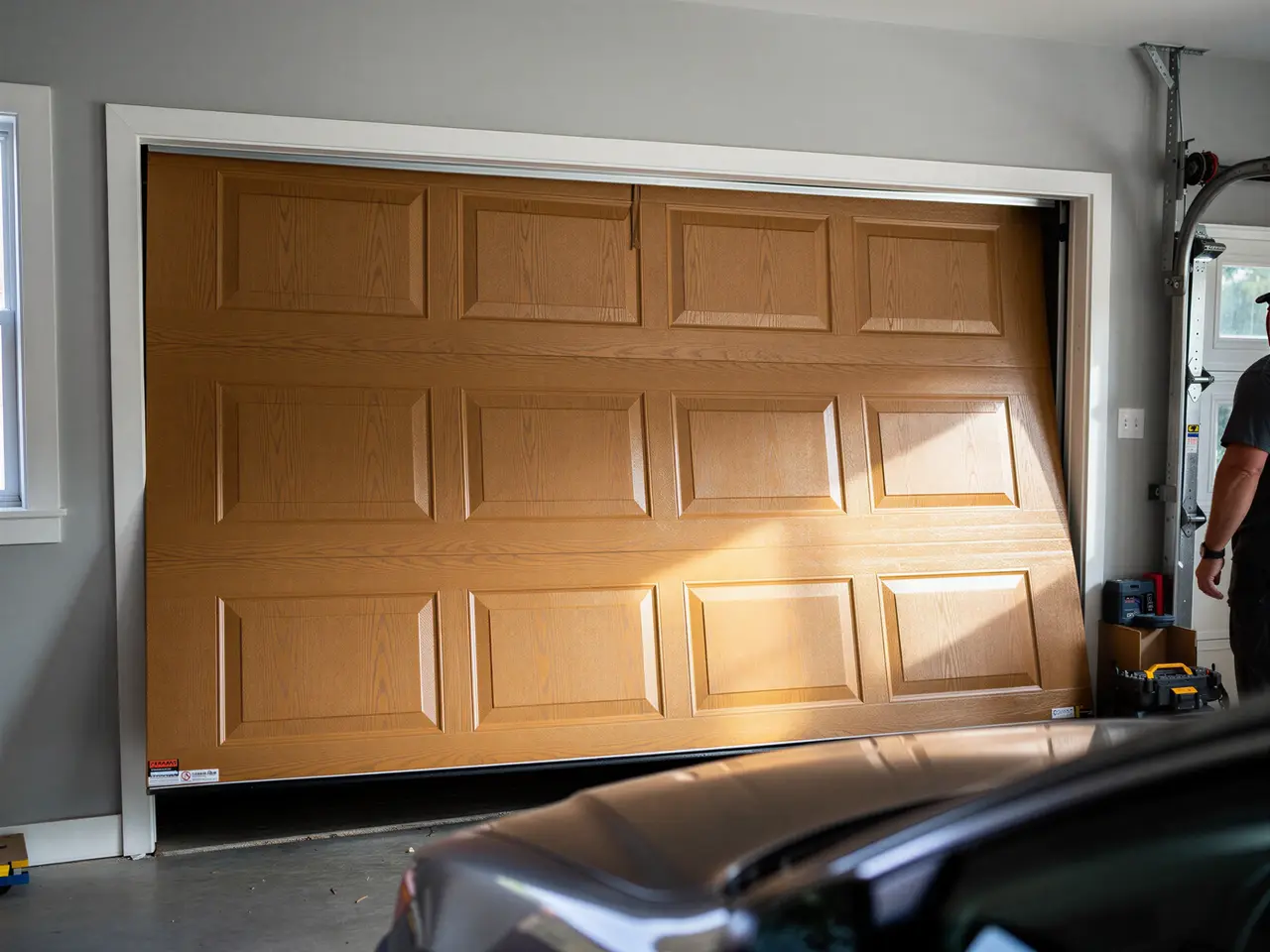 A brown garage door is crooked in its frame, with a technician standing nearby.