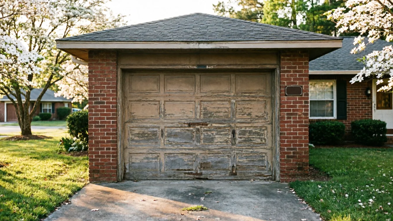 A weathered garage door with peeling paint on a brick garage.