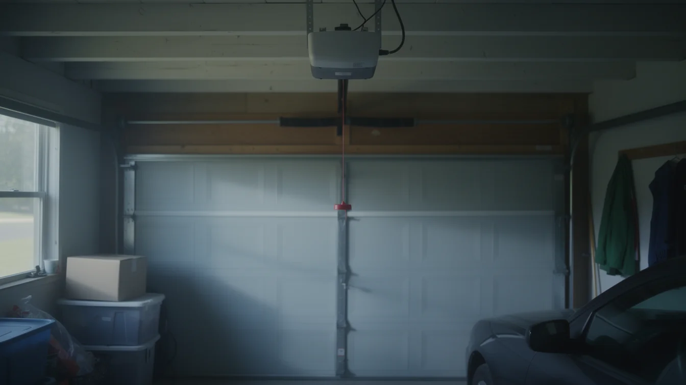 A white garage door is closed with an opener and a car inside.