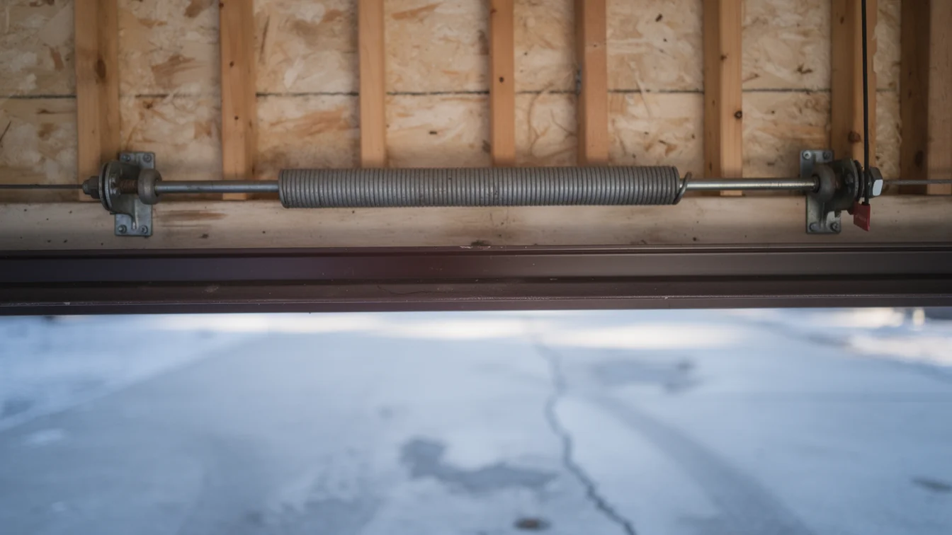 A garage door torsion spring is mounted above the open garage door.